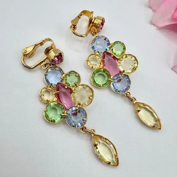 Vintage Austrian Crystal Clip On Earrings Pastel Ethereal Spring Fairycore Long - Picture 10 of 16
